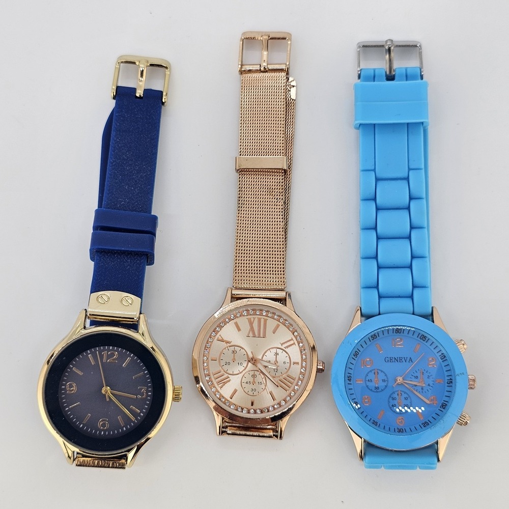 Lot of 3 Women Watches 36-38MM Blue Gold Dial Gold Blue Bands NEW Battery (EACH)